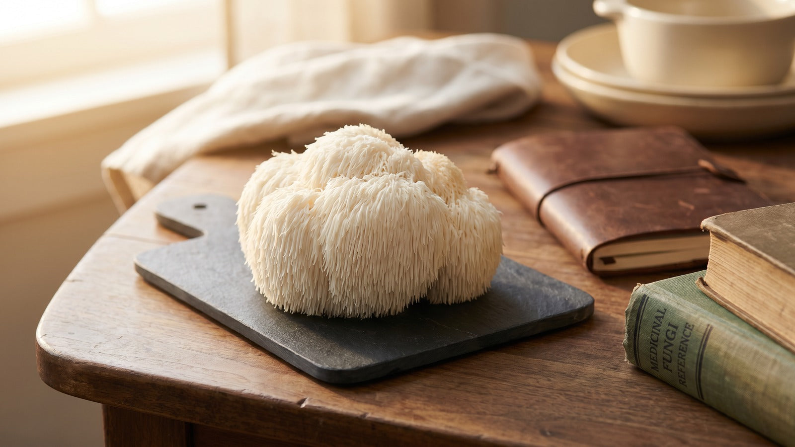 Fresh lion's mane mushroom on a slate board with a notebook and scientific reference book nearby, soft natural light.