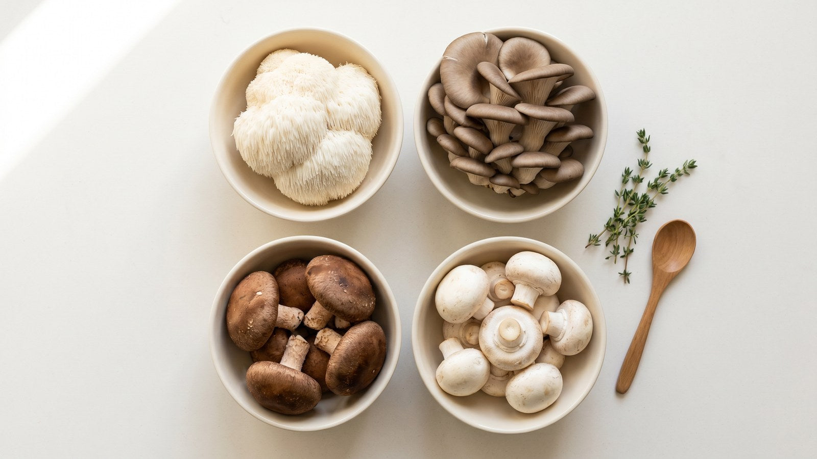 Variety of culinary mushrooms in ceramic bowls on a kitchen surface: lion's mane, oyster, shiitake, and button