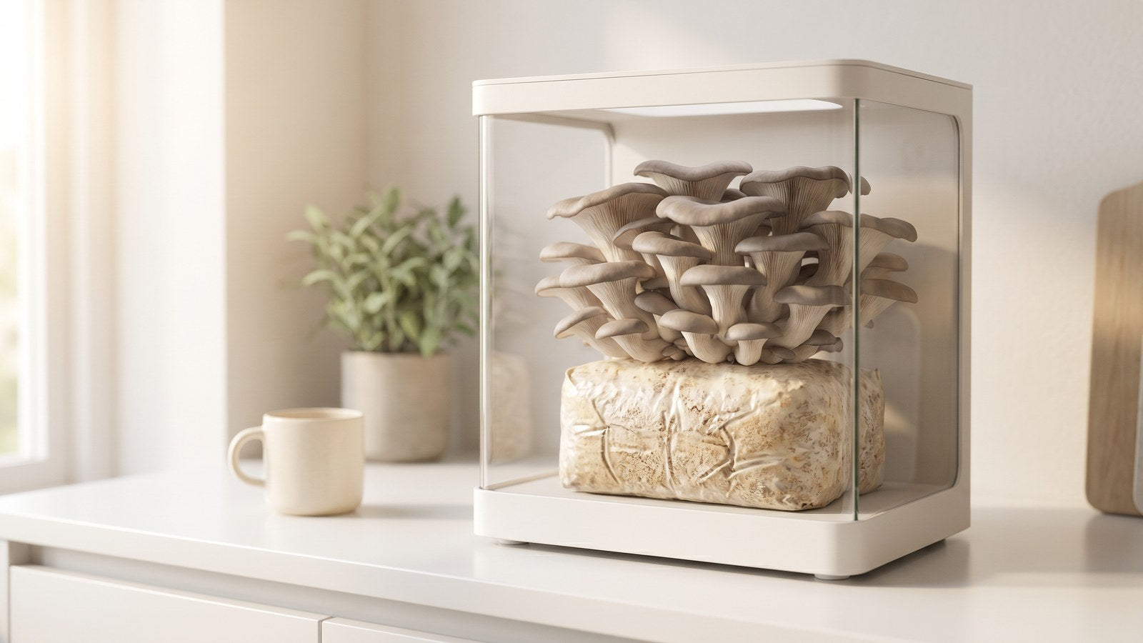 Lykyn Bone White smart mushroom grow chamber on a kitchen counter with fresh oyster mushrooms at full fruiting stage