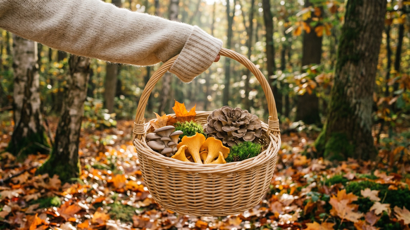 Forager's hand holding a wicker basket with mixed fresh foraged mushrooms in an autumn forest