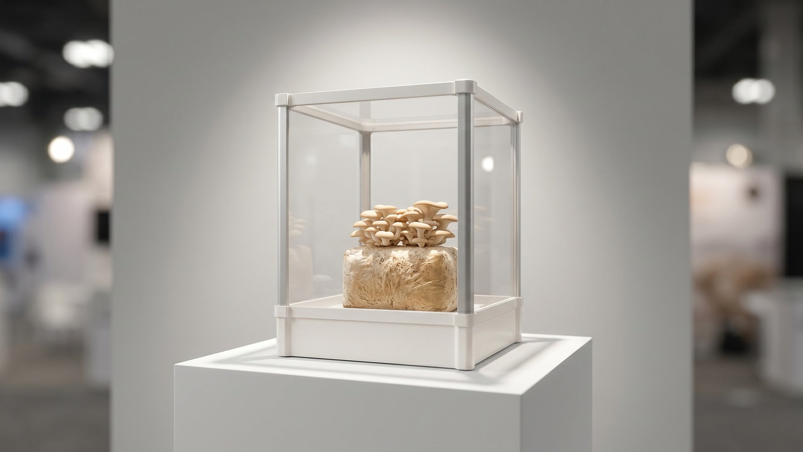 Lykyn Bone White smart mushroom grow chamber on a minimalist pedestal display in a clean exhibition setting