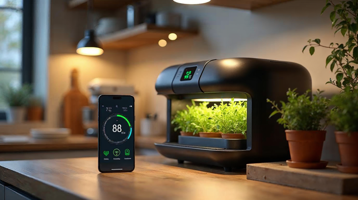 Lykyn Smart Mushroom Grow Box in Bone White on a kitchen counter next to a phone showing the humidity dashboard, companion comparison with North Spore grow bag kits