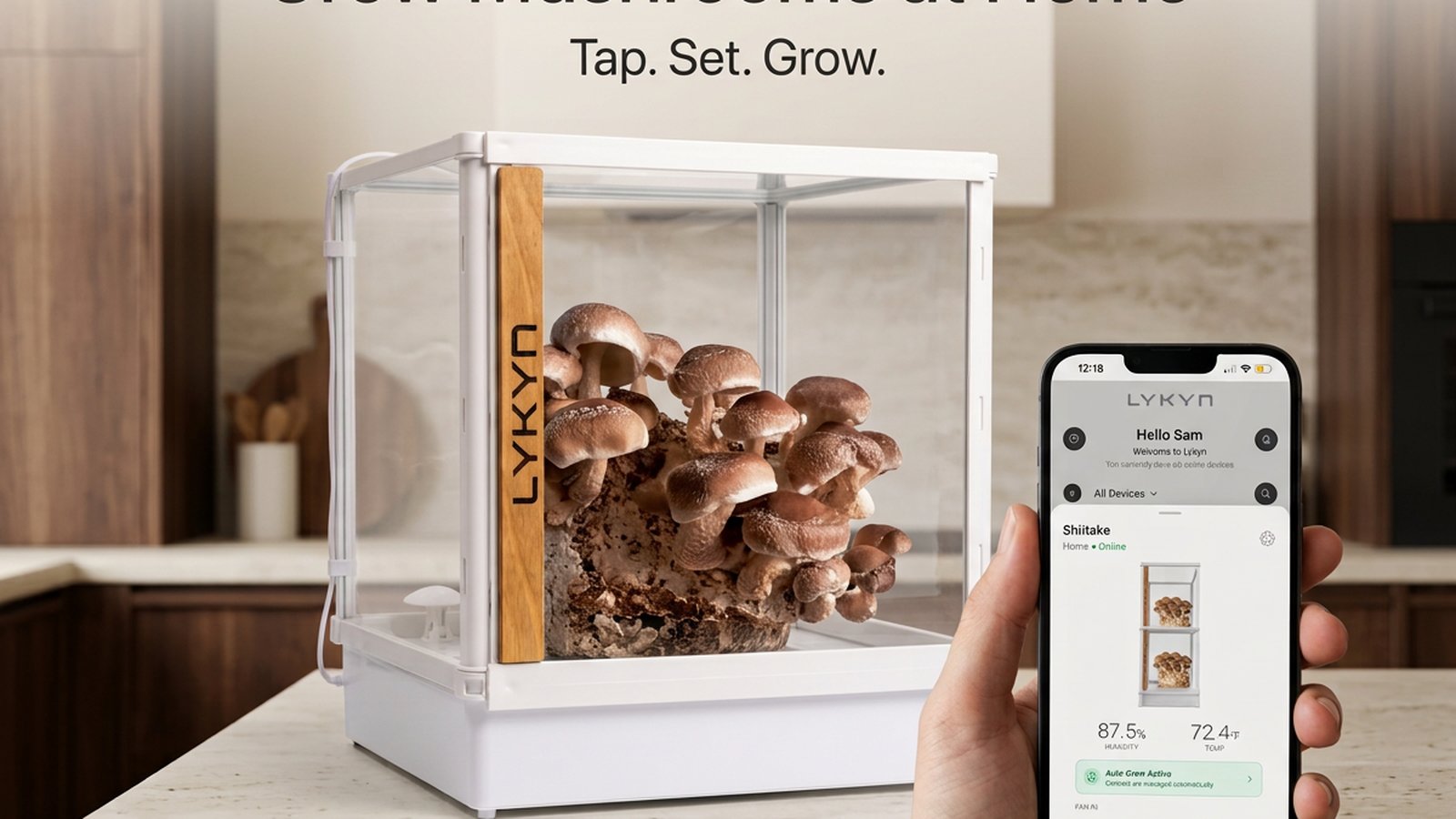 Lykyn marketing hero with shiitake mushrooms and the iPhone app