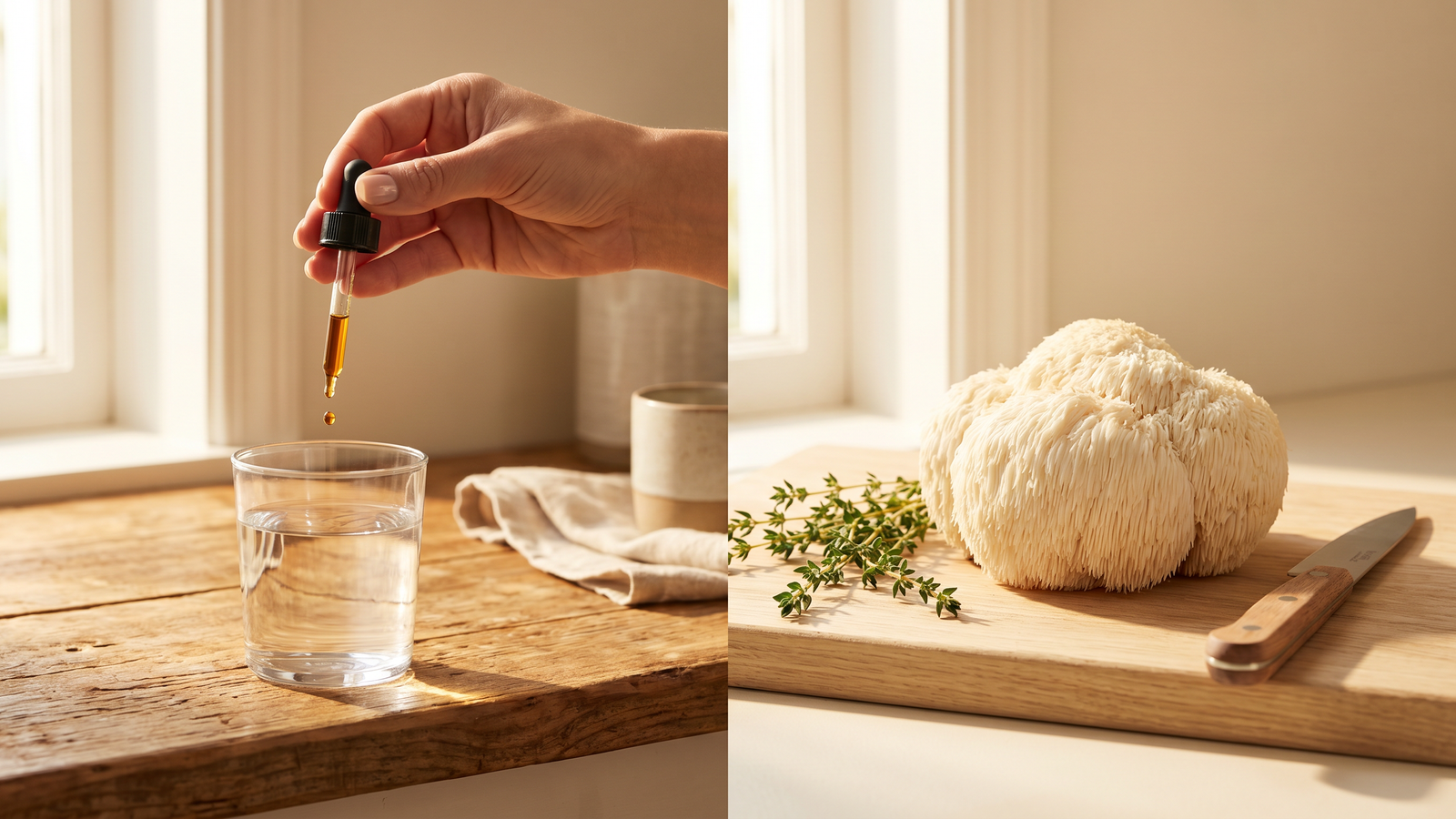 Split scene showing a mushroom tincture dropper on the left and freshly harvested lion's mane on a kitchen counter on the right - Lykyn vs FreshCap comparison
