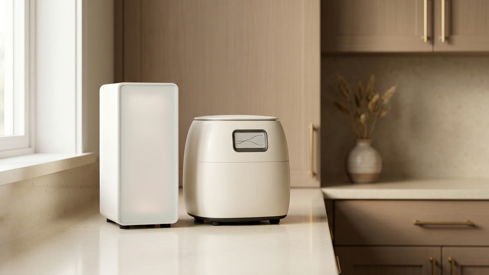 Two non-branded smart mushroom grow boxes side by side on a modern kitchen counter - Lykyn vs Shrooly comparison hero.