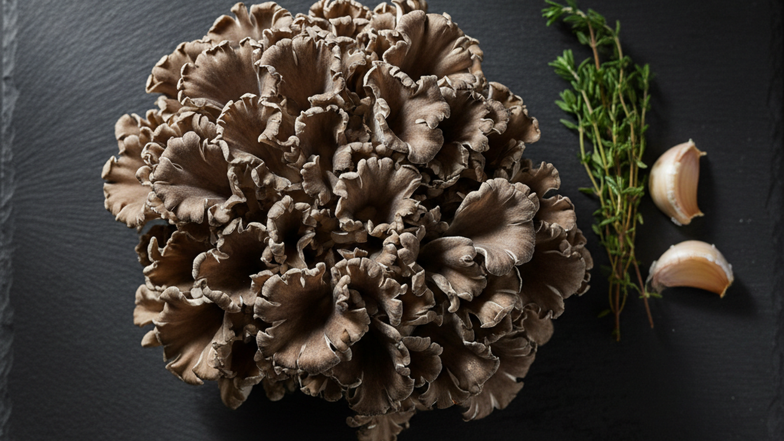 Whole maitake mushroom cluster (Grifola frondosa, hen of the woods) with frilly fan-shaped lobes on a dark slate board