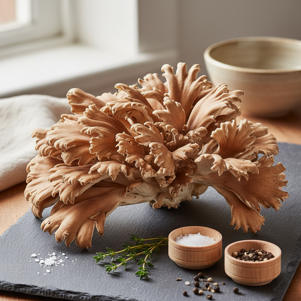 Whole maitake mushroom cluster (Grifola frondosa, hen of the woods) with frilly fan-shaped lobes on a slate board with thyme sprigs