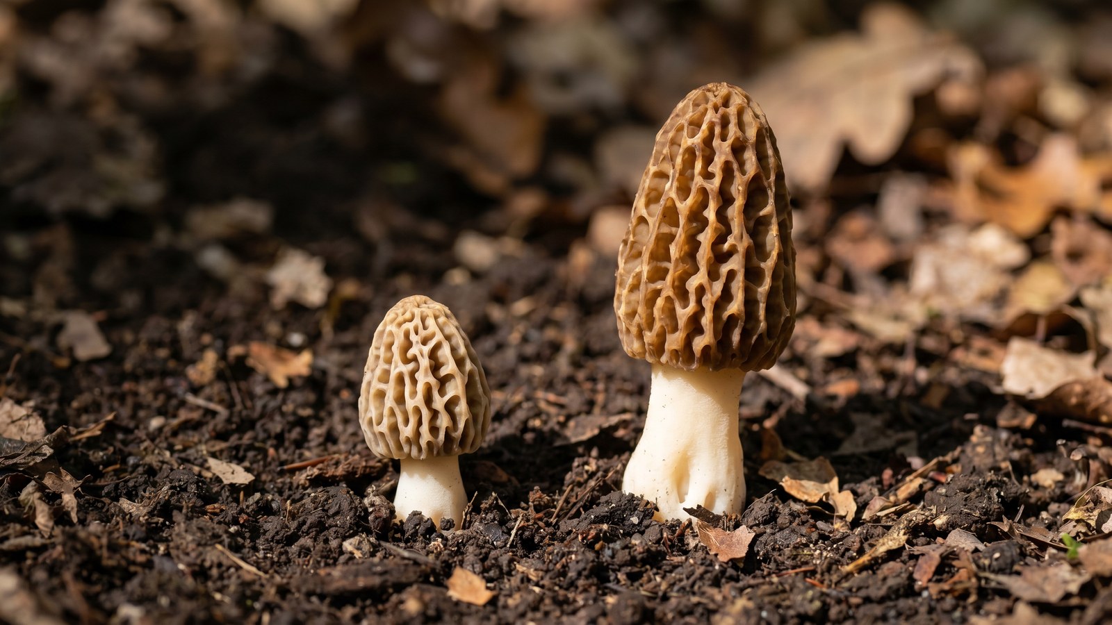 Two morel mushrooms at different growth stages