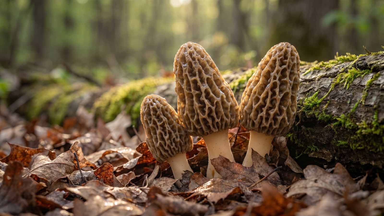Three morel mushrooms growing in forest leaf litter near a fallen tree, showing the honeycomb pitted caps