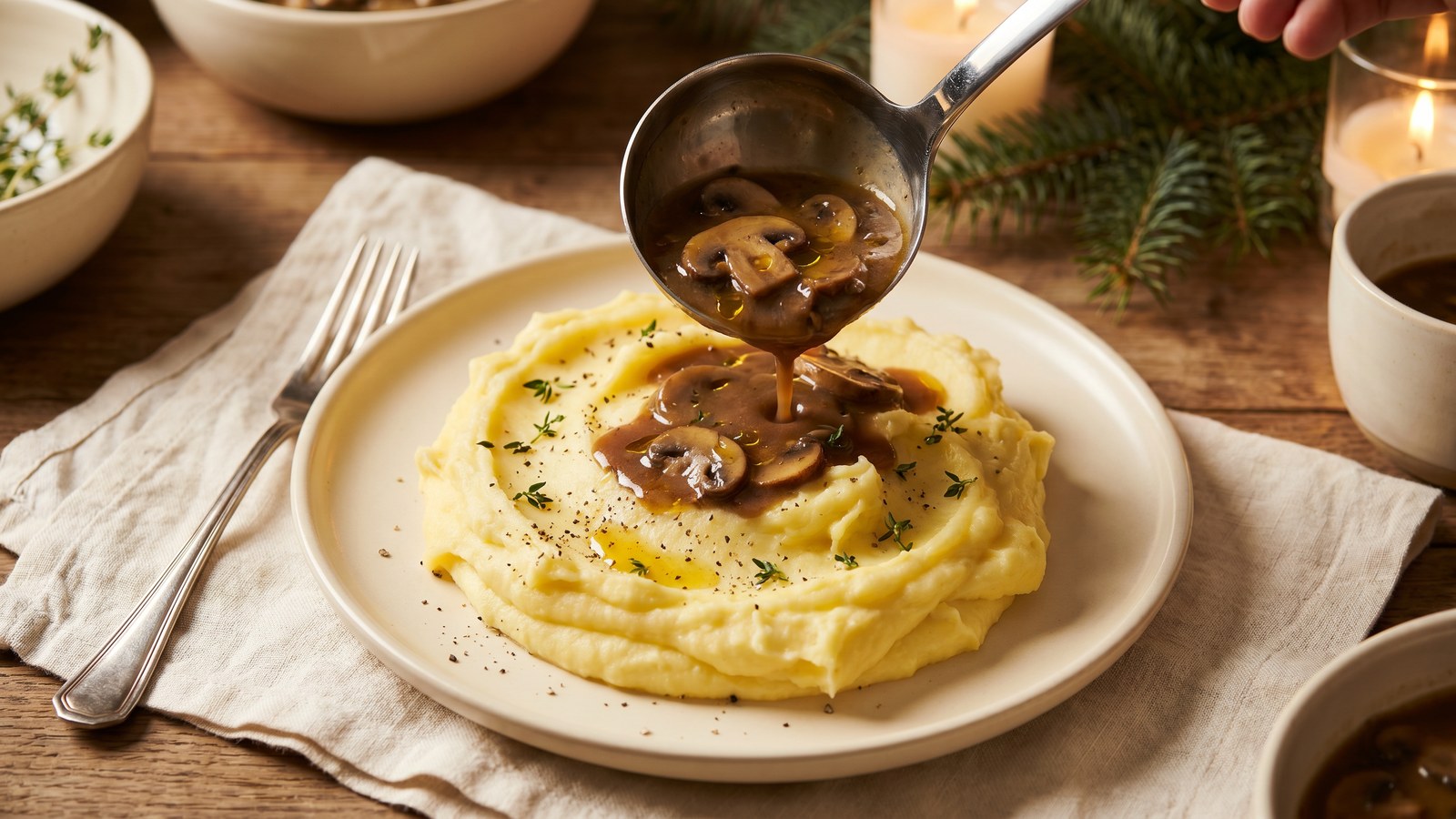 Rich brown mushroom gravy being poured over mashed potatoes with sliced cremini mushrooms