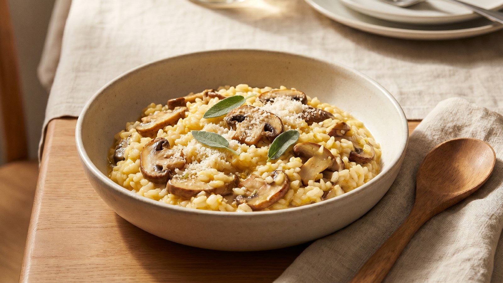 Creamy mushroom risotto in a shallow ceramic bowl with parmesan and sage leaves