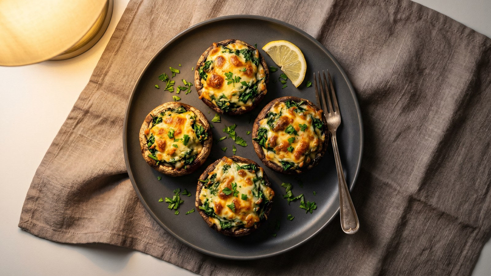 Mushroom Rockefeller appetizer - stuffed portobello caps with spinach and cheese filling baked golden
