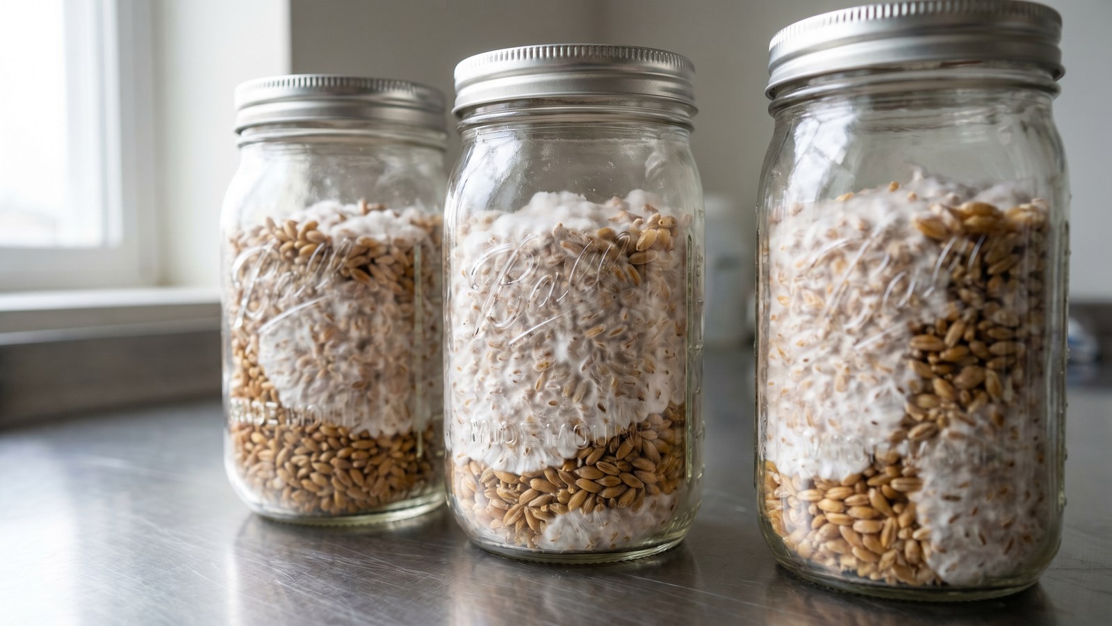 Three clear glass jars of mushroom grain spawn colonized with white mycelium