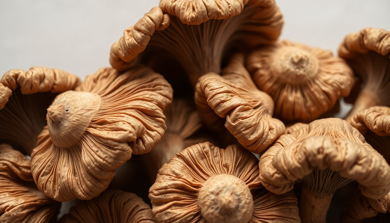 Dried shiitake mushrooms arranged on a slate surface with natural lighting