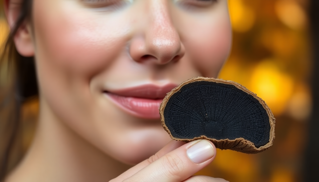 Chaga mushrooms displayed with skincare ingredients on a marble surface