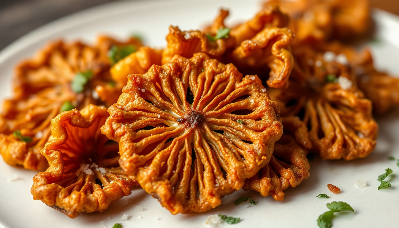Crispy fried maitake mushrooms plated on a wooden board with golden seared edges