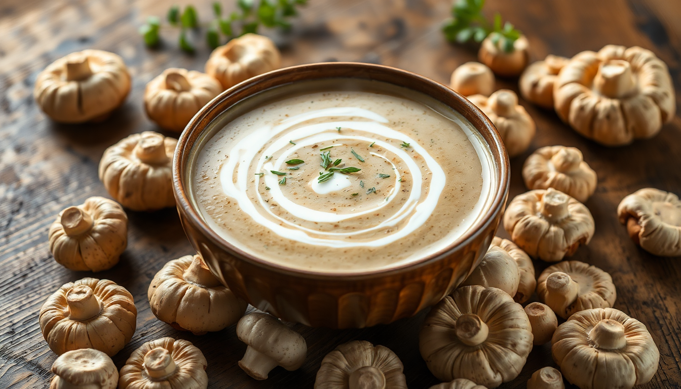 Maitake mushroom soup in a rustic bowl garnished with fresh herbs
