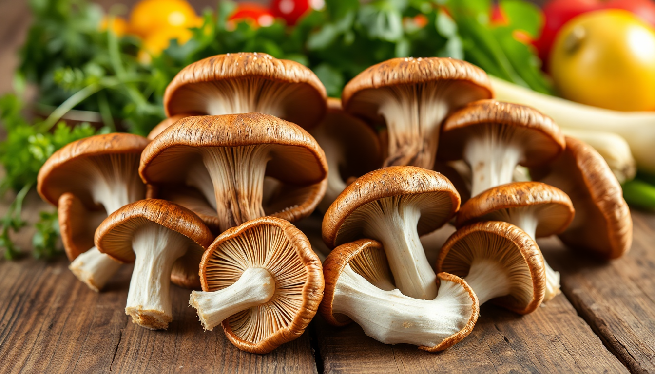 Fresh shiitake mushrooms displayed with natural elements highlighting nutrition