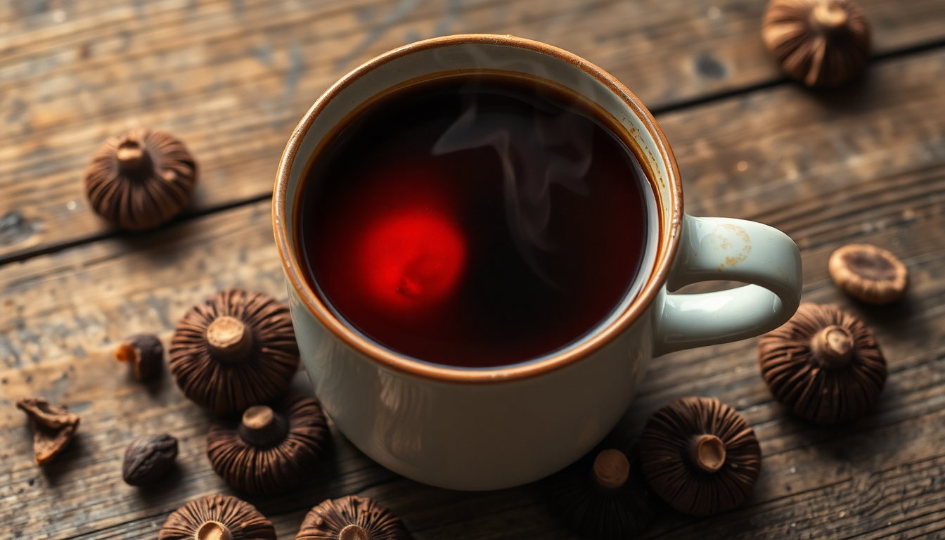 Reishi mushroom coffee served in a ceramic mug with sliced reishi on a wooden board