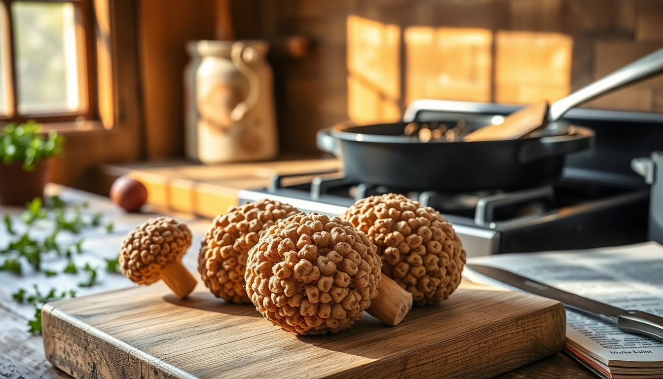 Cooked morel mushrooms plated on a wooden board with golden seared edges