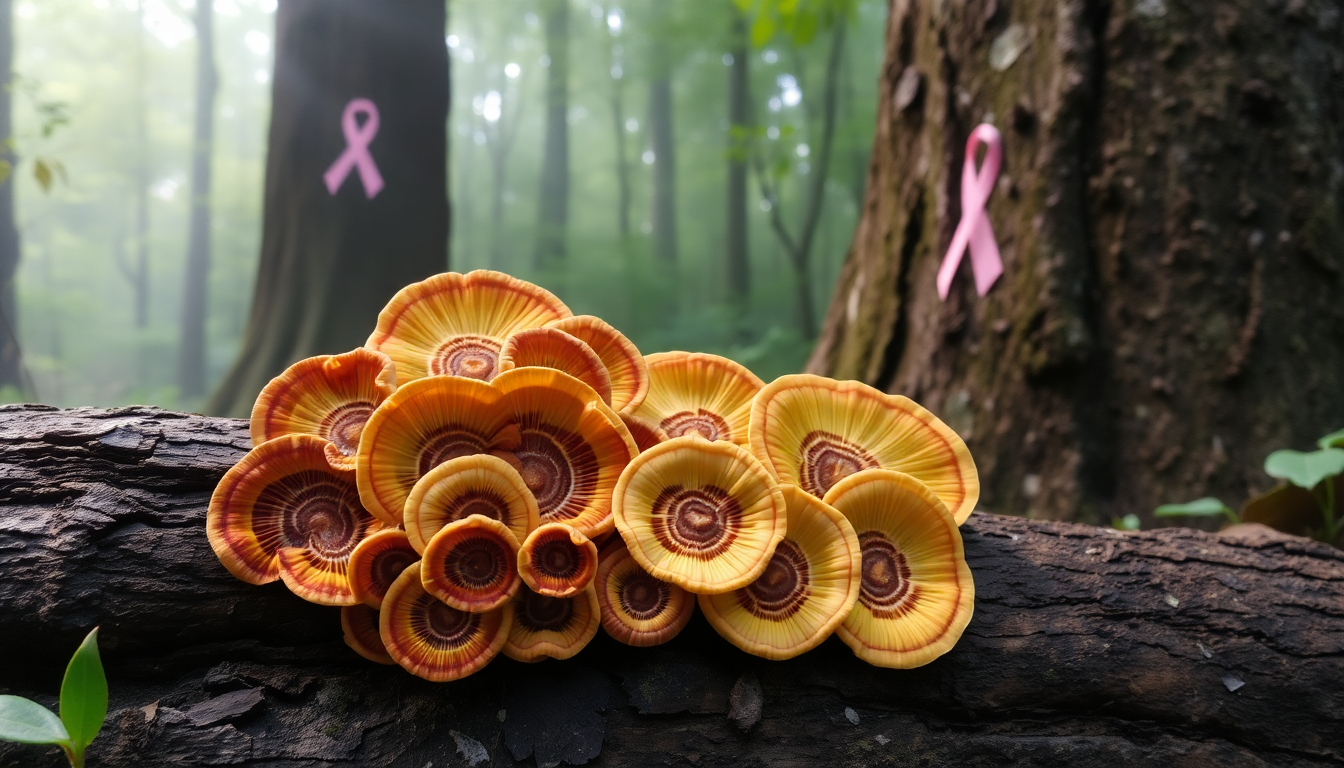 Turkey tail mushrooms beside research notes on a calm clinical wellness backdrop