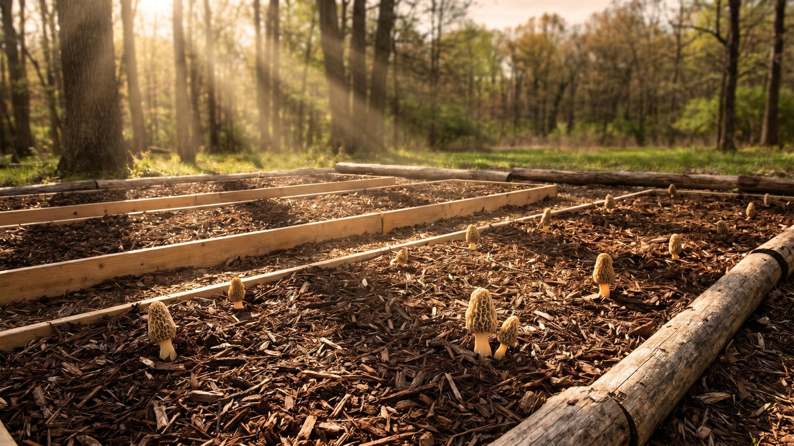 Morel mushrooms growing in a controlled outdoor cultivation bed