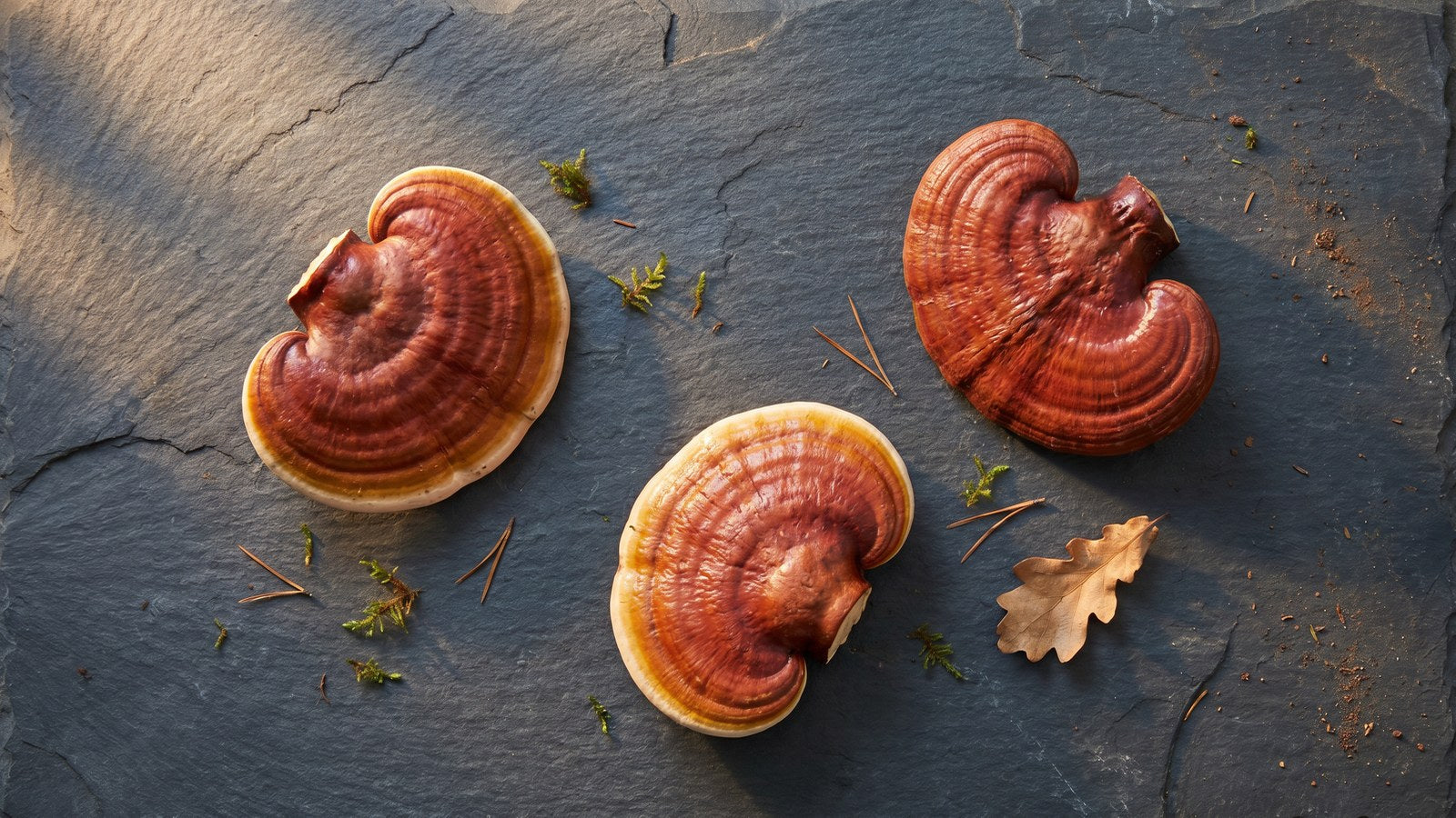 Three Ganoderma lucidum red reishi mushroom fruiting bodies on dark slate, showing the characteristic varnished mahogany cap