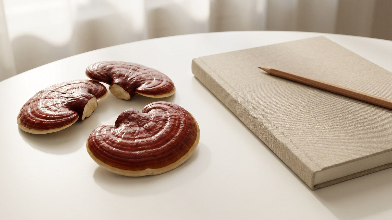 Fresh red reishi mushroom caps on a clean light surface beside an unmarked notebook