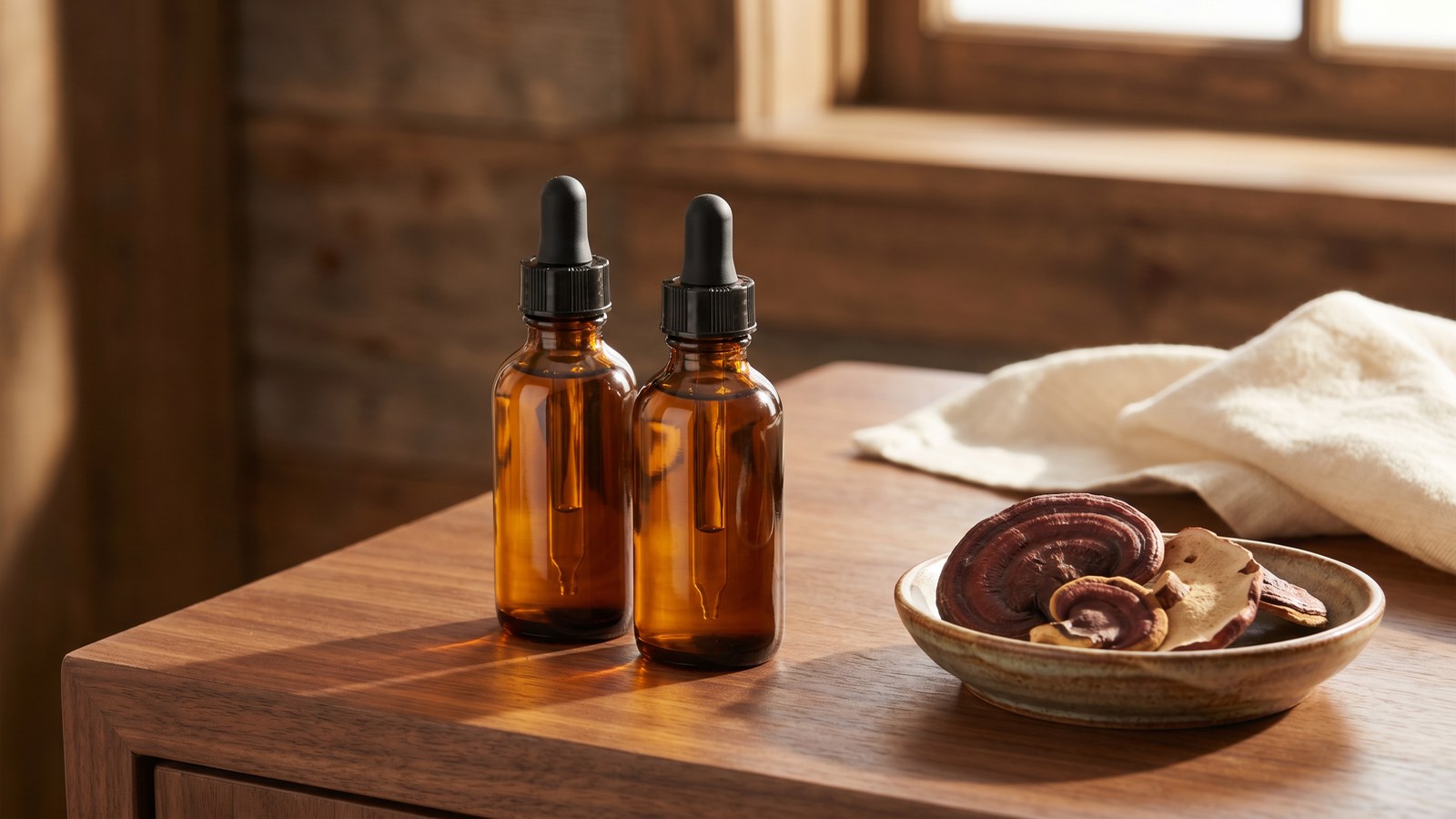 Two unmarked amber dropper bottles of red reishi mushroom tincture beside dried reishi slices on a wood surface