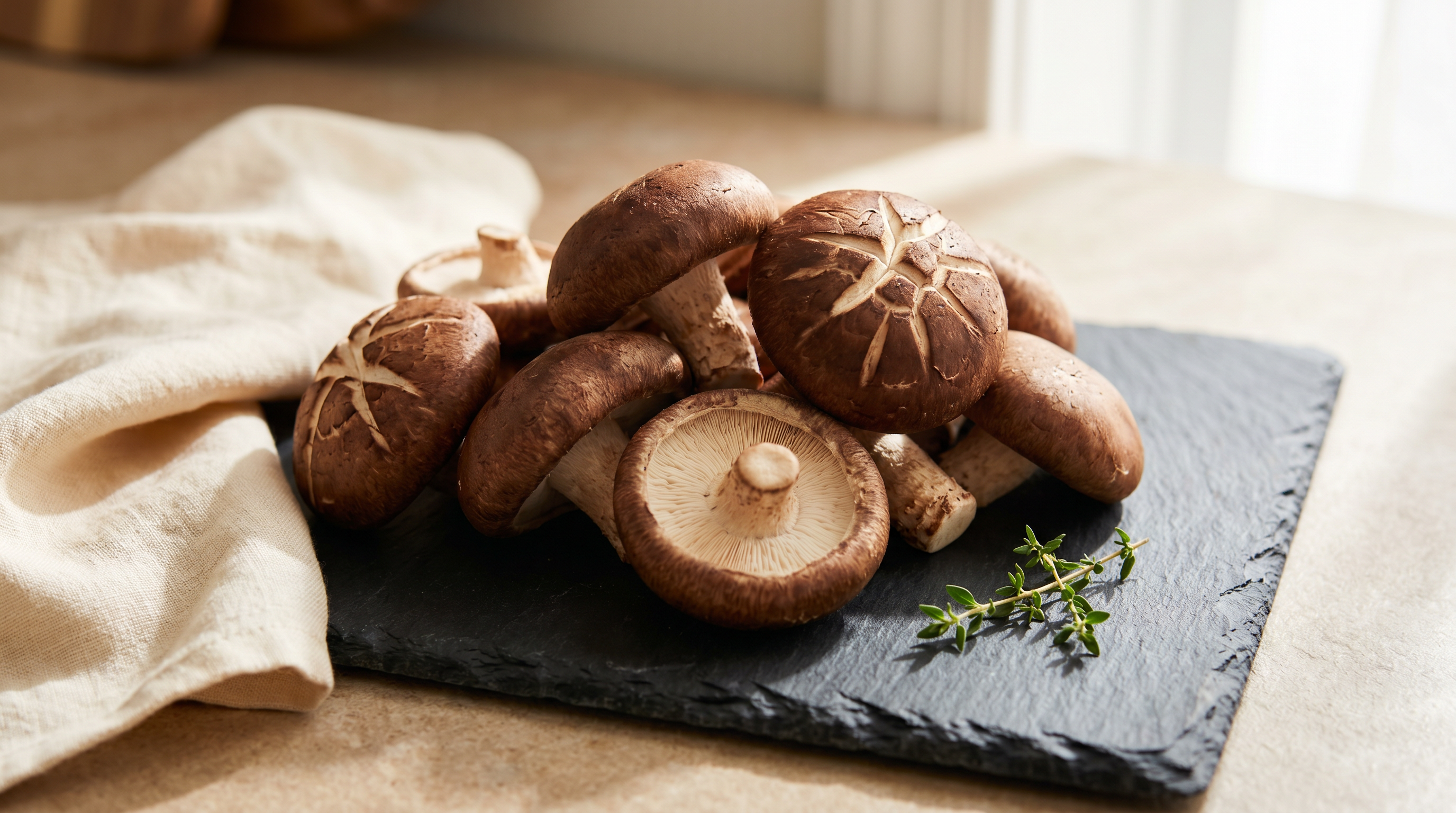 Fresh shiitake mushrooms with thick brown caps on a dark slate board, soft natural morning light