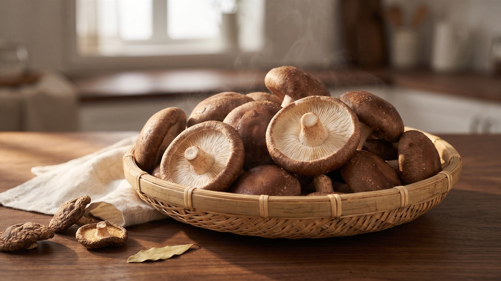 Fresh shiitake mushrooms with thick brown caps and white gills in a bamboo basket on a dark wooden table - Lykyn shiitake stir fry recipe hero