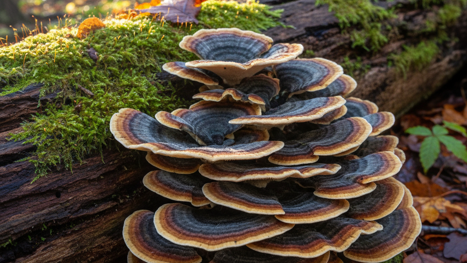 Turkey tail mushroom (Trametes versicolor) cluster showing characteristic concentric color bands - evidence-based benefits guide cover image