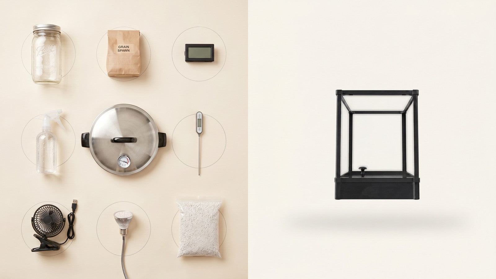Flat-lay comparison: 9 pieces of DIY mushroom growing equipment on the left, one Lykyn Smart Chamber on the right