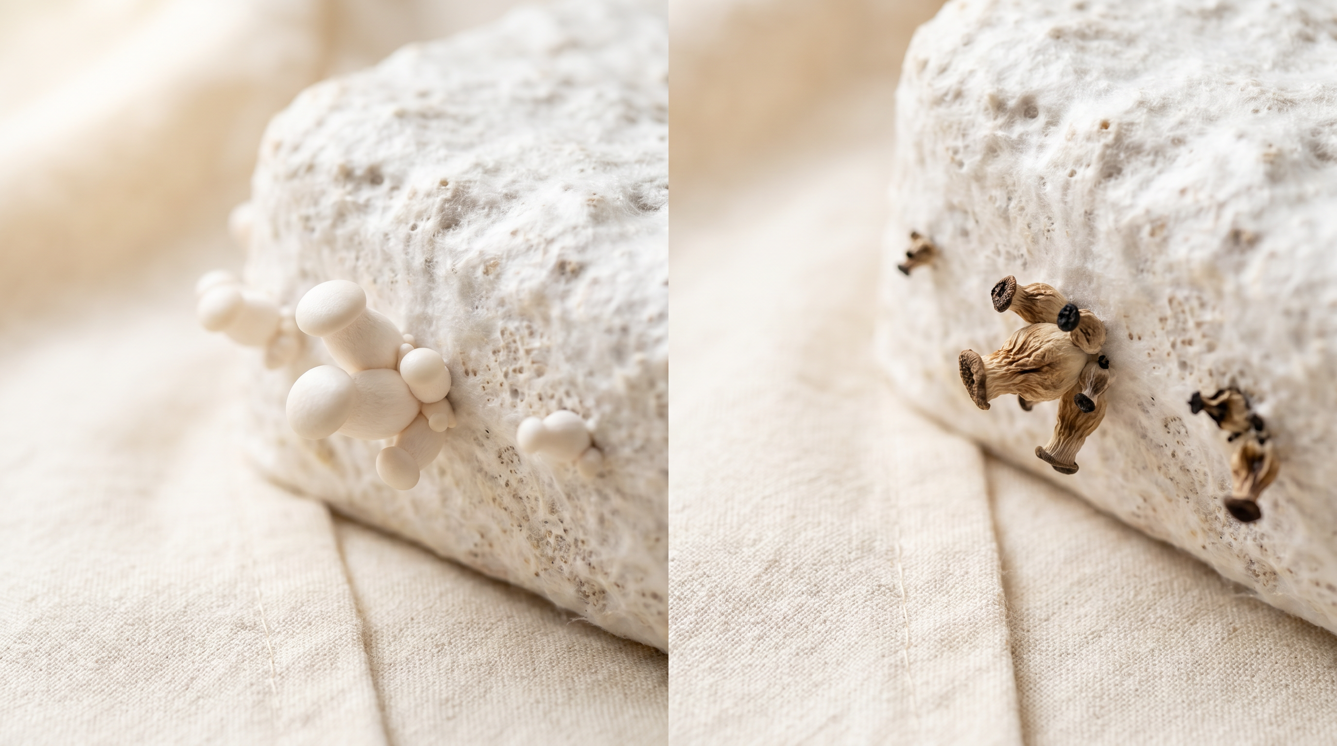 Macro split-frame comparison of healthy pearl-white mushroom pins on the left and shriveled brown aborted pins on the right, both on a colonized white fruiting block