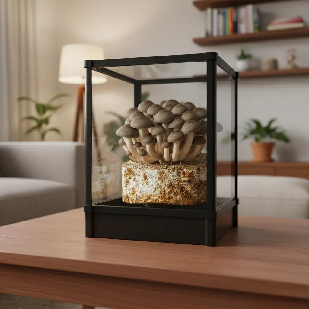 Lykyn Smart Mushroom Grow Box Obsidian Black with a mushroom cluster fruiting inside, lifestyle composition