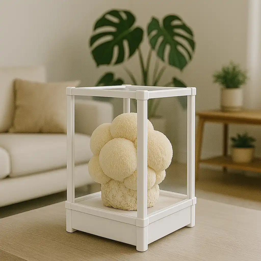Lykyn Smart Mushroom Grow Box Bone White with a mature mushroom cluster fruiting from a substrate block at peak harvest