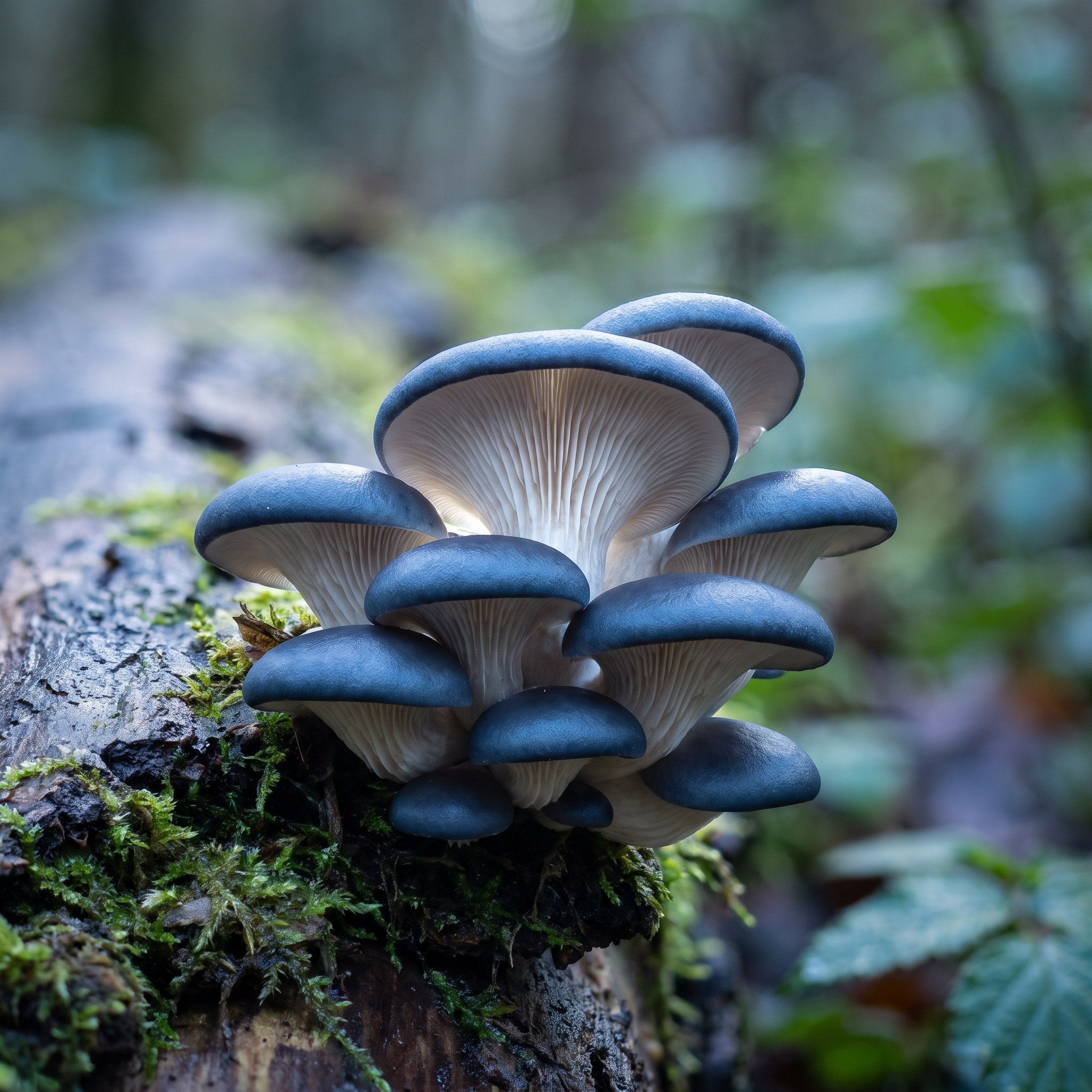 Fresh grey-blue oyster mushroom cluster (Pleurotus ostreatus var. columbinus) at day 10 of fruiting, deep blue-grey caps with visible white gill undersides