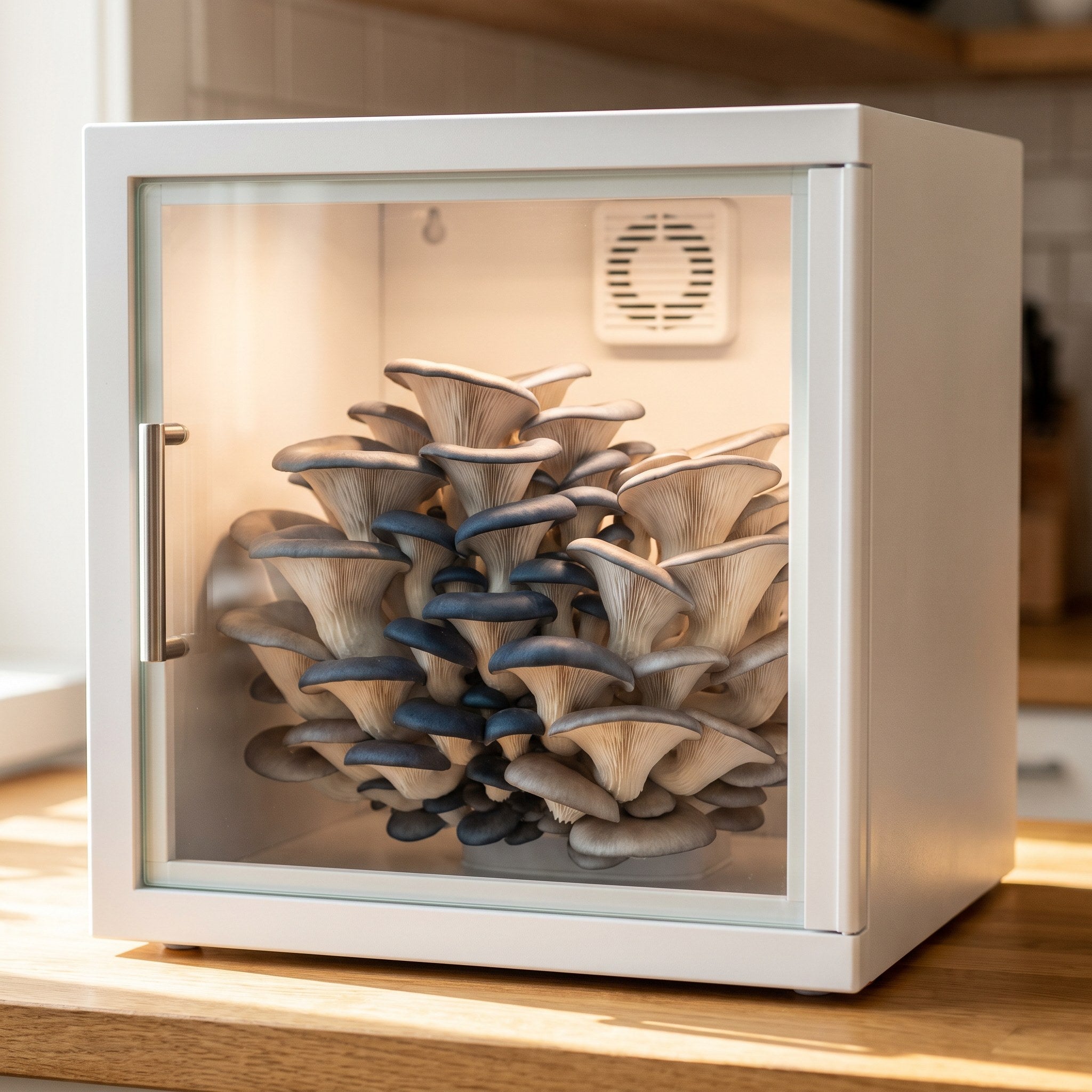 Blue oyster mushroom cluster with grey-blue caps fruiting inside a white Lykyn Smart Mushroom Grow Box on a kitchen counter