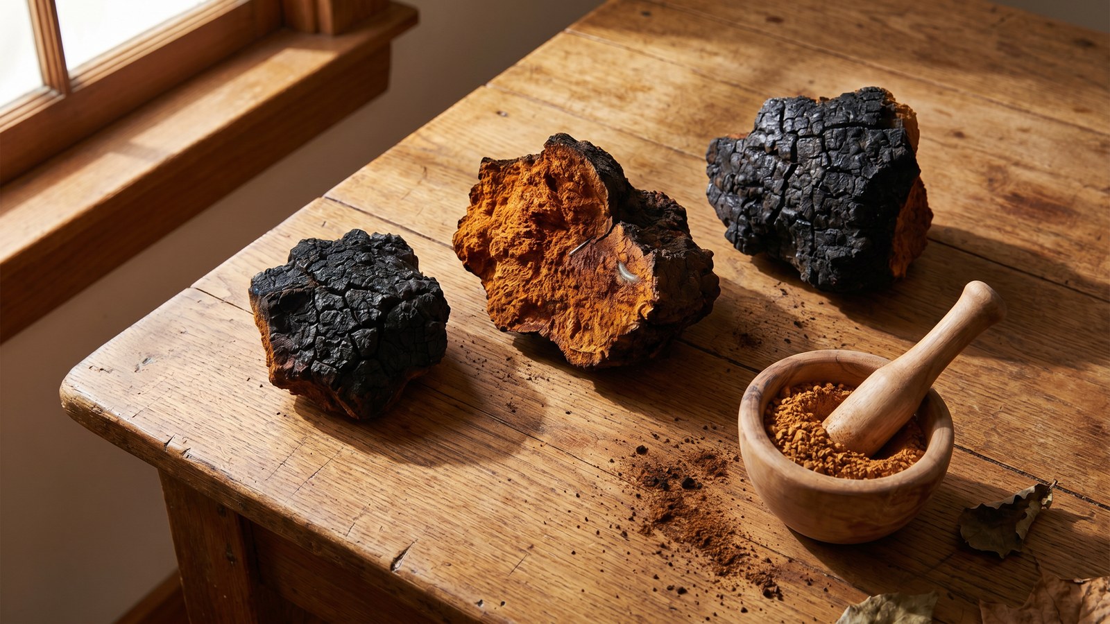 Raw chaga mushroom chunks showing dark cracked exterior and orange interior, beside a small mortar and pestle