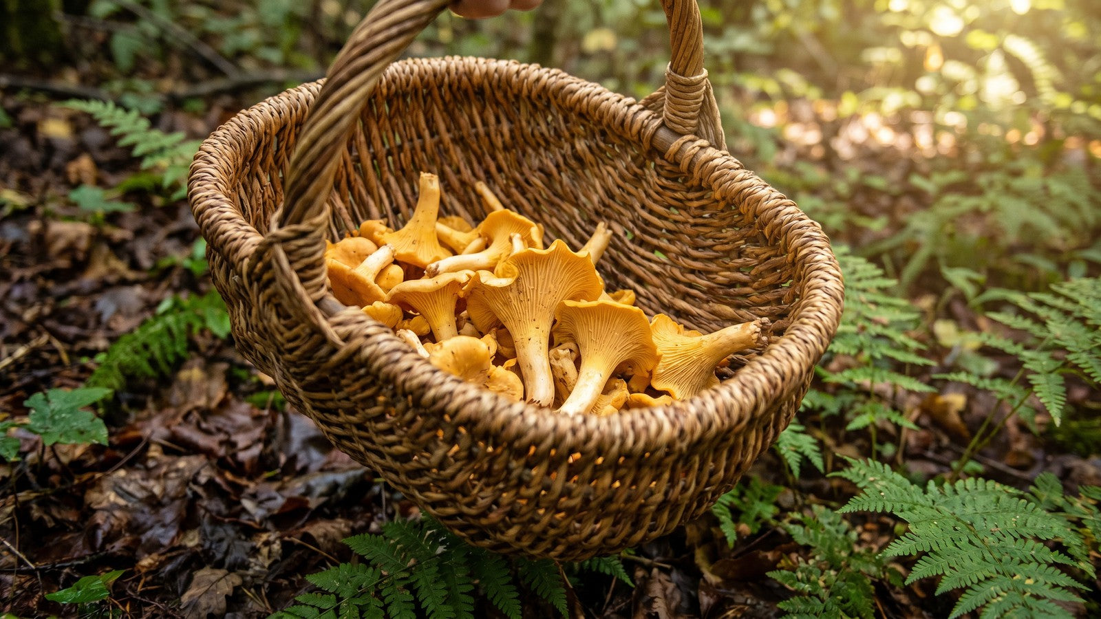 Hand-held woven basket filled with freshly-picked golden chanterelle mushrooms in a forest