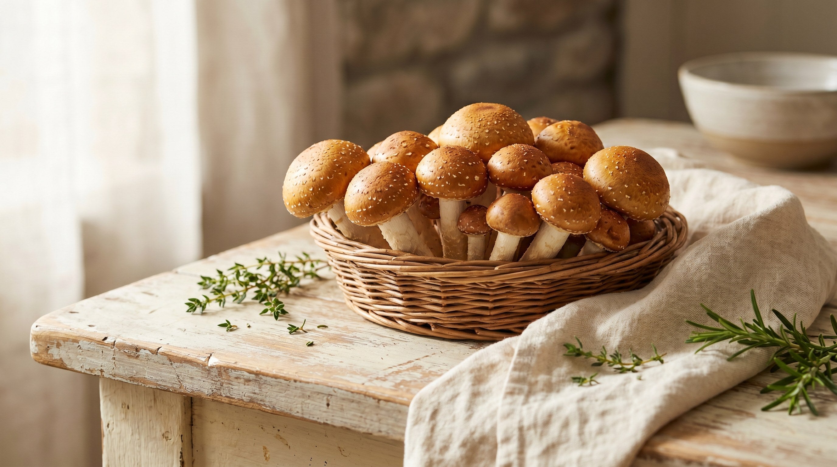 A wicker basket of fresh chestnut mushrooms with brown caps on a rustic wooden farmhouse table with thyme and rosemary