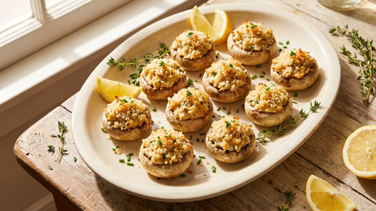 Crab-stuffed mushroom caps with golden breadcrumb tops on a serving platter