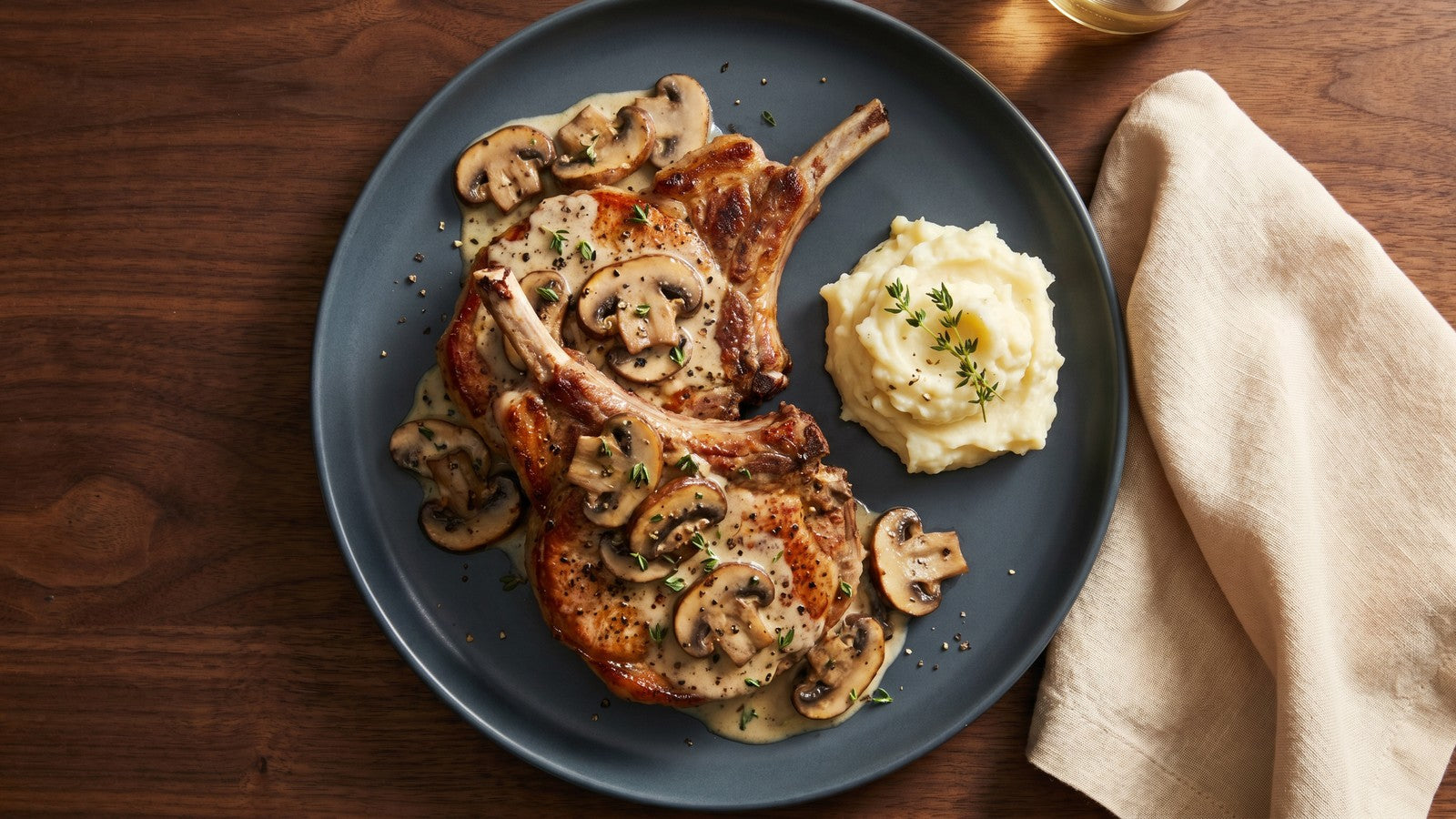 Pork chops in creamy mushroom sauce on a dark ceramic plate with mashed potatoes