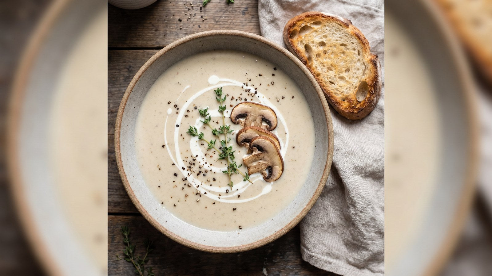 Homemade cream of mushroom soup in a stoneware bowl with thyme garnish and a swirl of cream