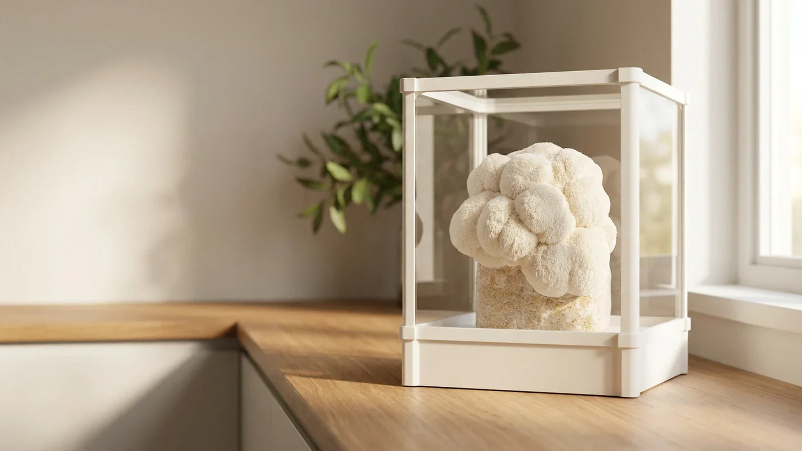 Mushrooms growing in indirect light inside a controlled fruiting chamber