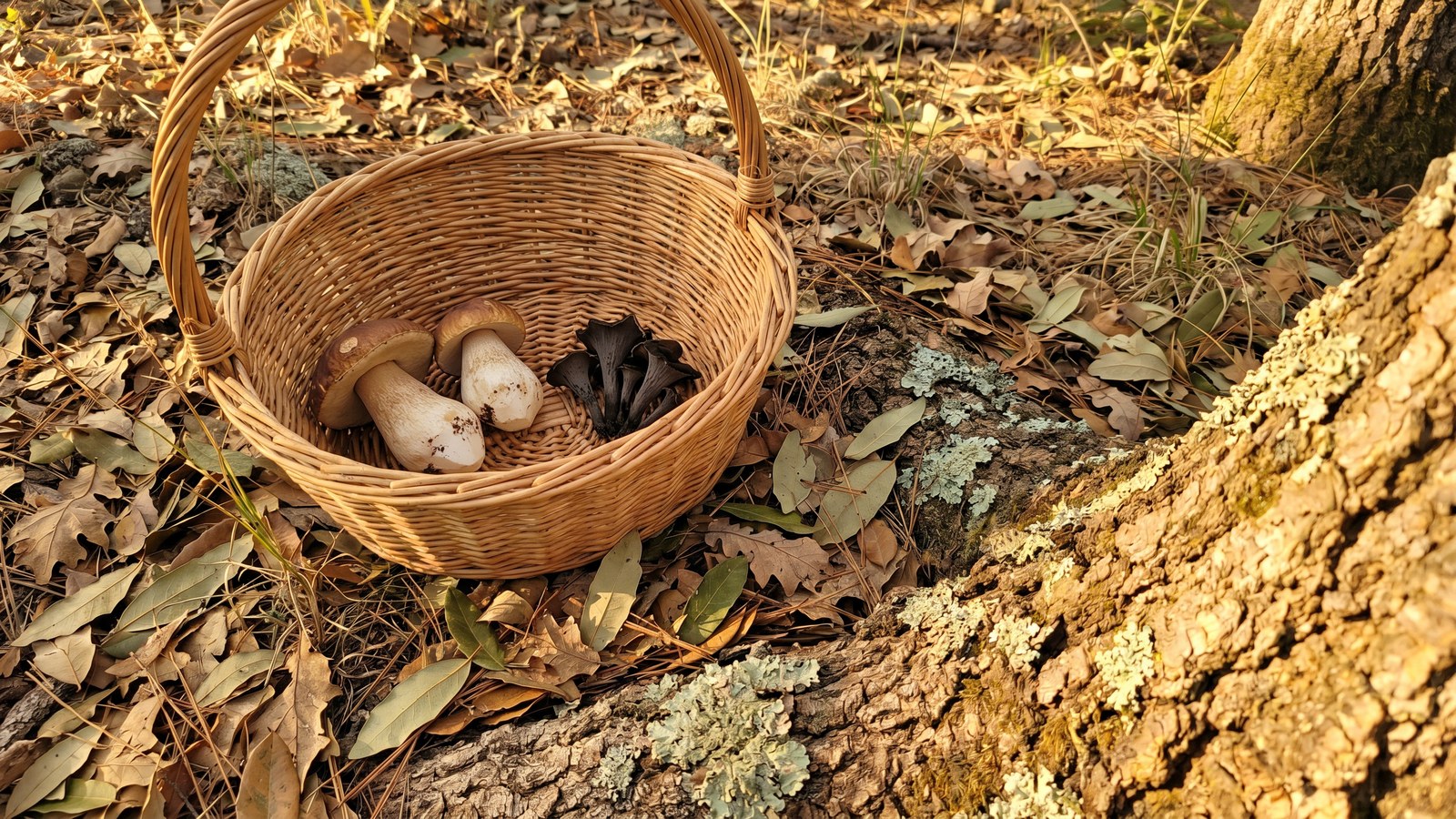 California oak-woodland forest floor with a wicker basket containing porcini and black trumpet mushrooms