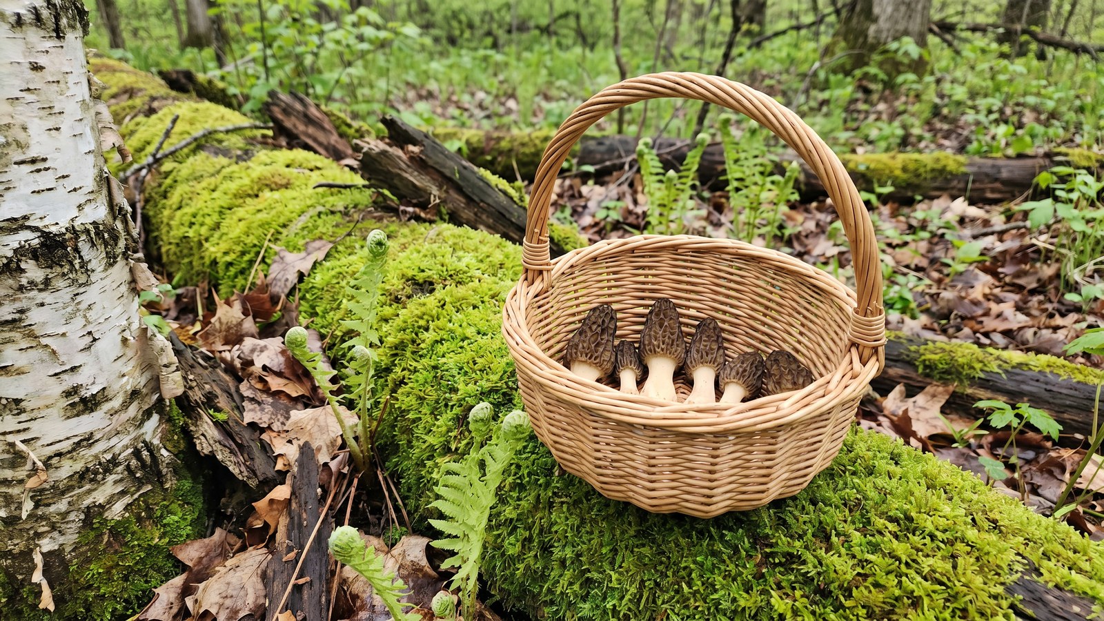 Wisconsin forest floor with a wicker basket containing freshly foraged morel mushrooms