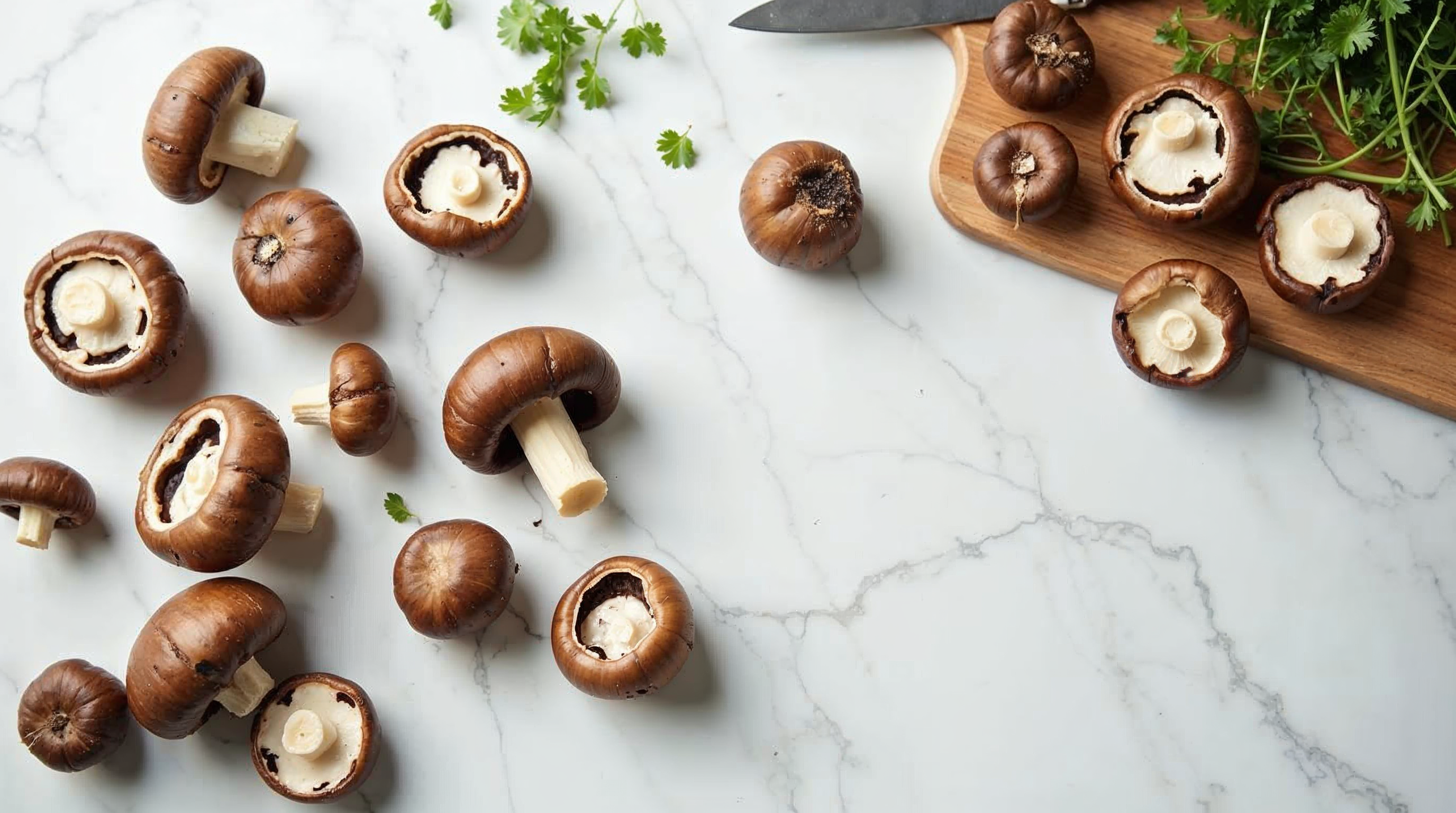 fresh shiitake mushrooms on marble surface showing dark brown caps with distinctive cracks