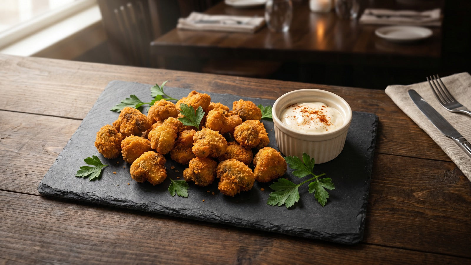 Crispy golden-brown fried mushroom bites on a serving board with dipping sauce and parsley garnish