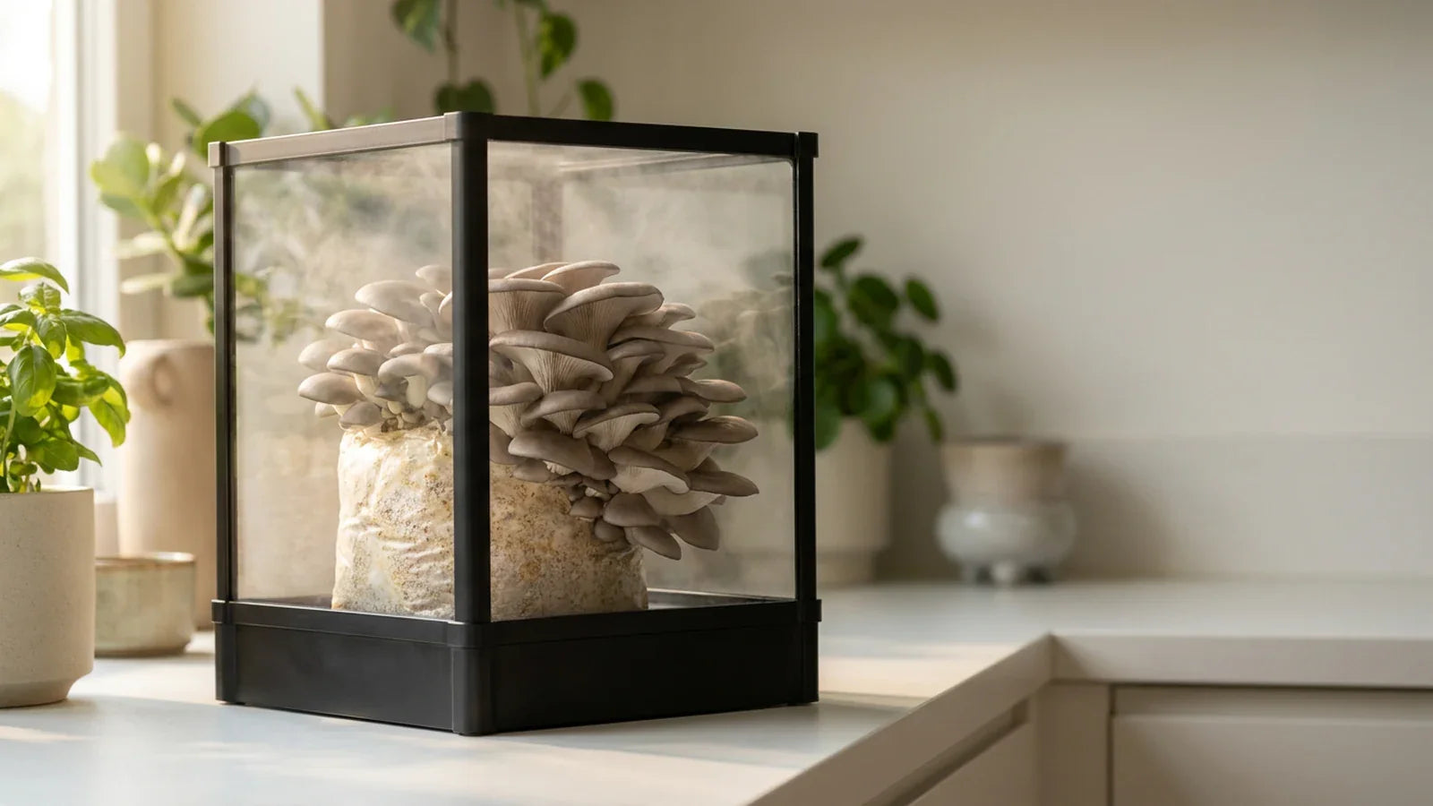 Black Lykyn two-tier smart mushroom grow chamber on a modern kitchen counter wit